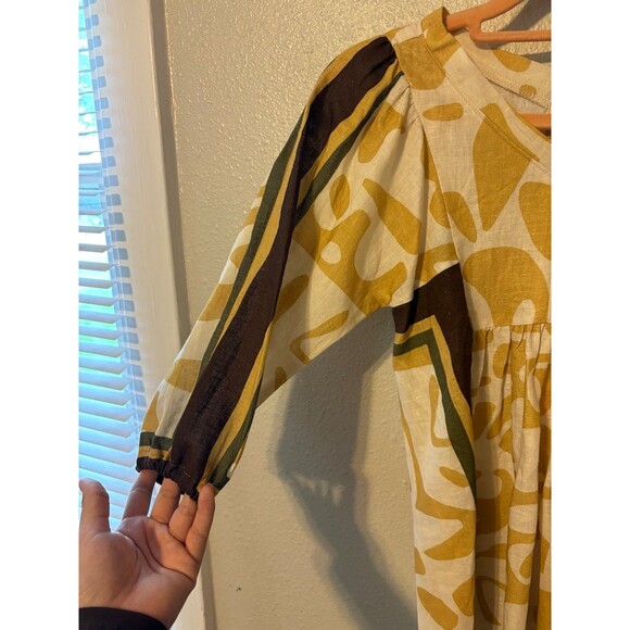 Zara V-neck Yellow/brown print3/4 Sleeve Linen Blend Dress NWT  Size 7 - Picture 3 of 6